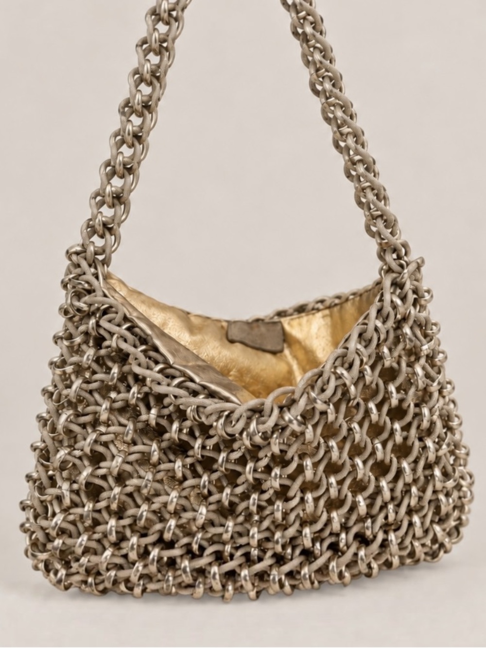 Vintage Lewis Chainmail Evening Bag Ring Mesh Gold Leather Interior 60s 70s